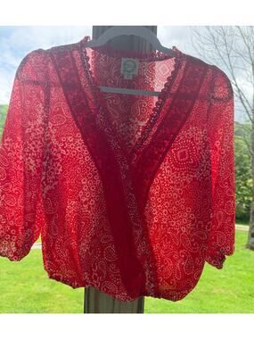 Peasant Boho Festival Romantic Sheer Red Blue Island Paisley Blouse Lace Trim XS